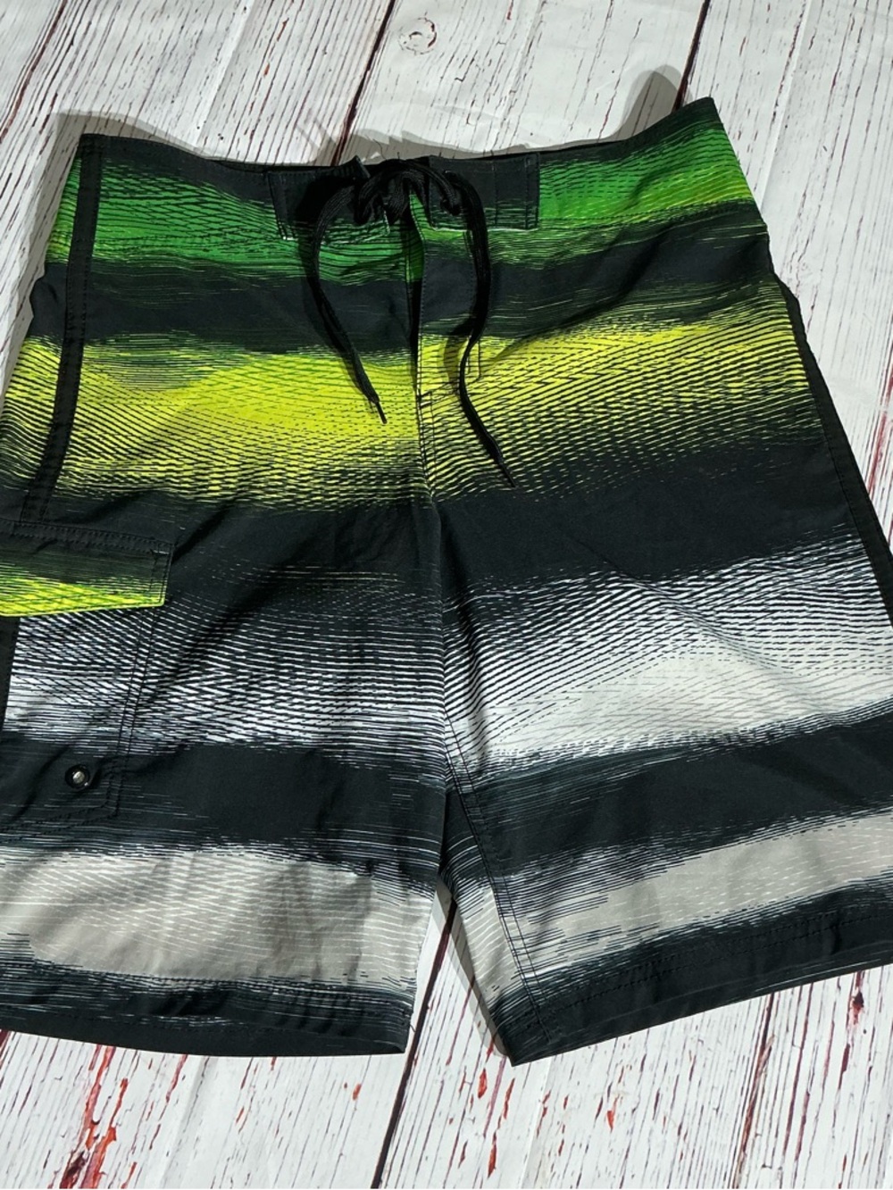 Mossimo Supply Co. Sz 34 Black, Green & Yellow Striped Swim Shorts